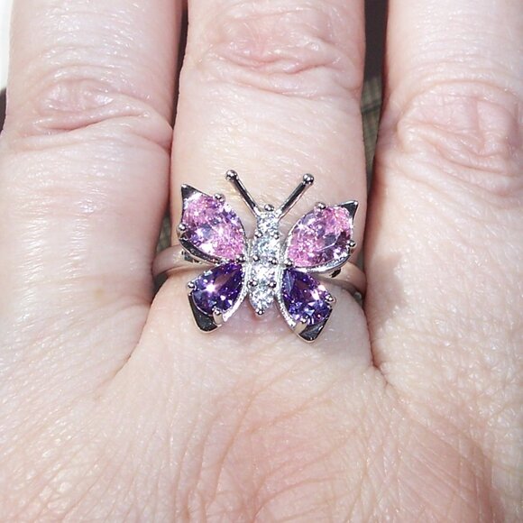 925 STERLING SILVER Simulated Amethyst & Pink Sapphire CZ Butterfly Ring - Picture 7 of 16